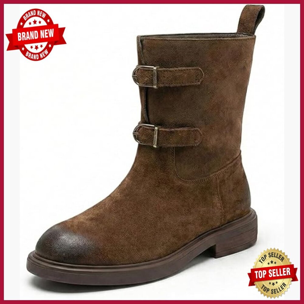 Genuine Leather Motorcycle Boots Low Heel Pull On Faux Fur Lined Mid Calf